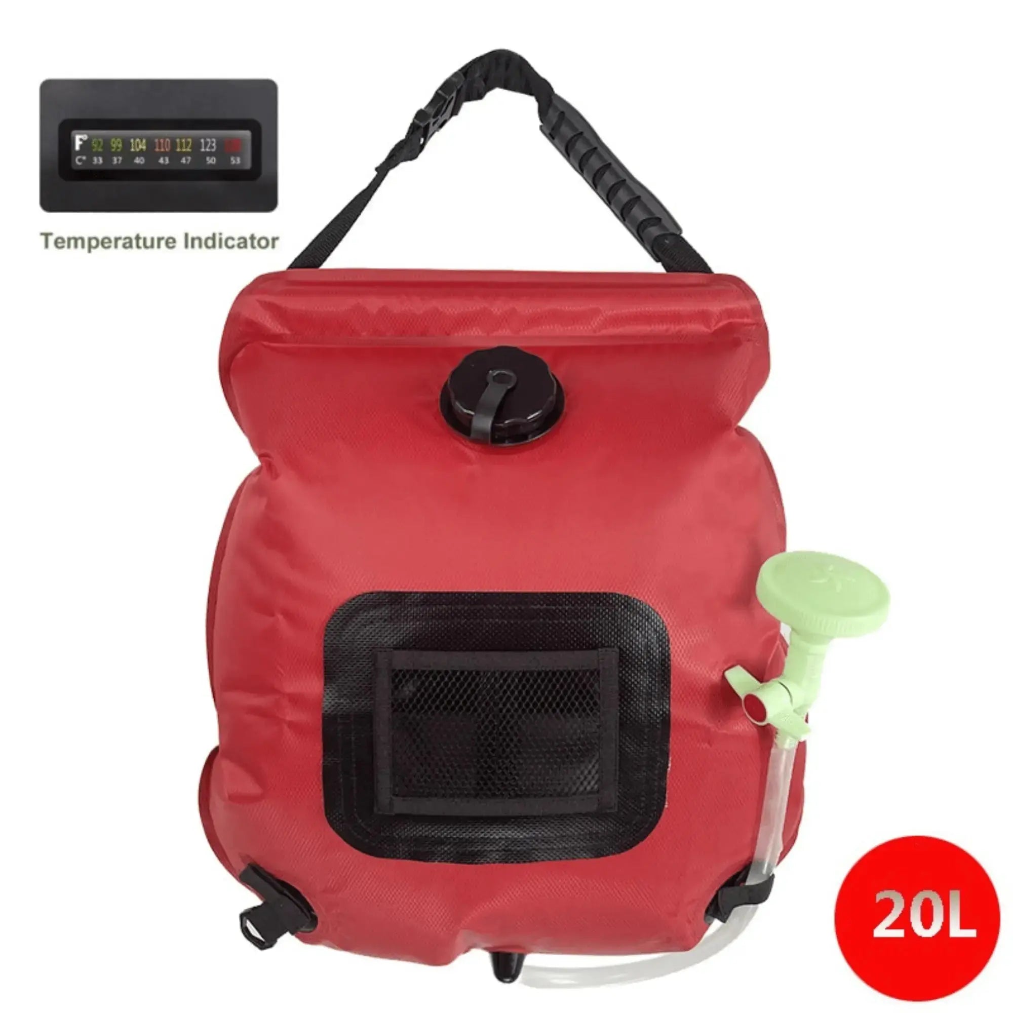 Poche de douche solaire 20L rouge avec indicateur de température pour camping sauvage, idéale pour randonnée et pêche.