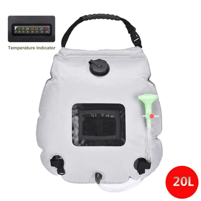 Douche solaire portable 20L avec indicateur de température, idéale pour le camping et les activités en plein air.