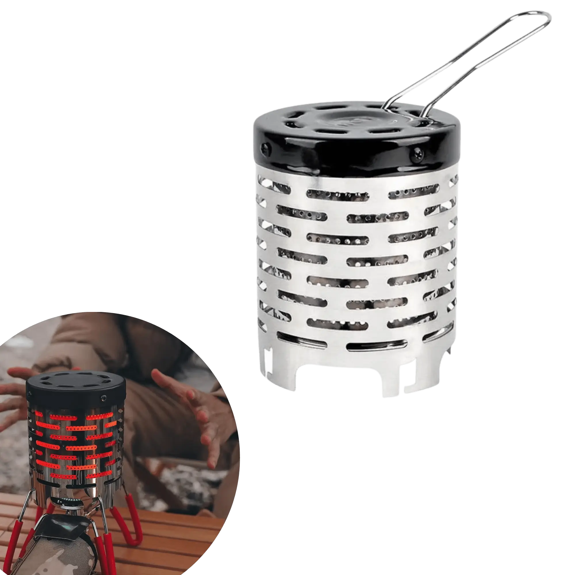 Portable stainless steel gas mini heater for outdoor activities, shown in use during camping, providing warm and cozy heat.