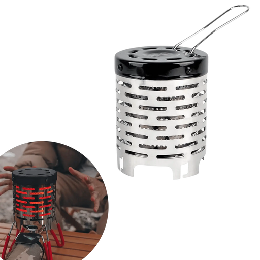 Chauffage à gaz mini portable en acier inoxydable pour les activités en plein air, utilisé lors du camping, offrant chaleur et confort.