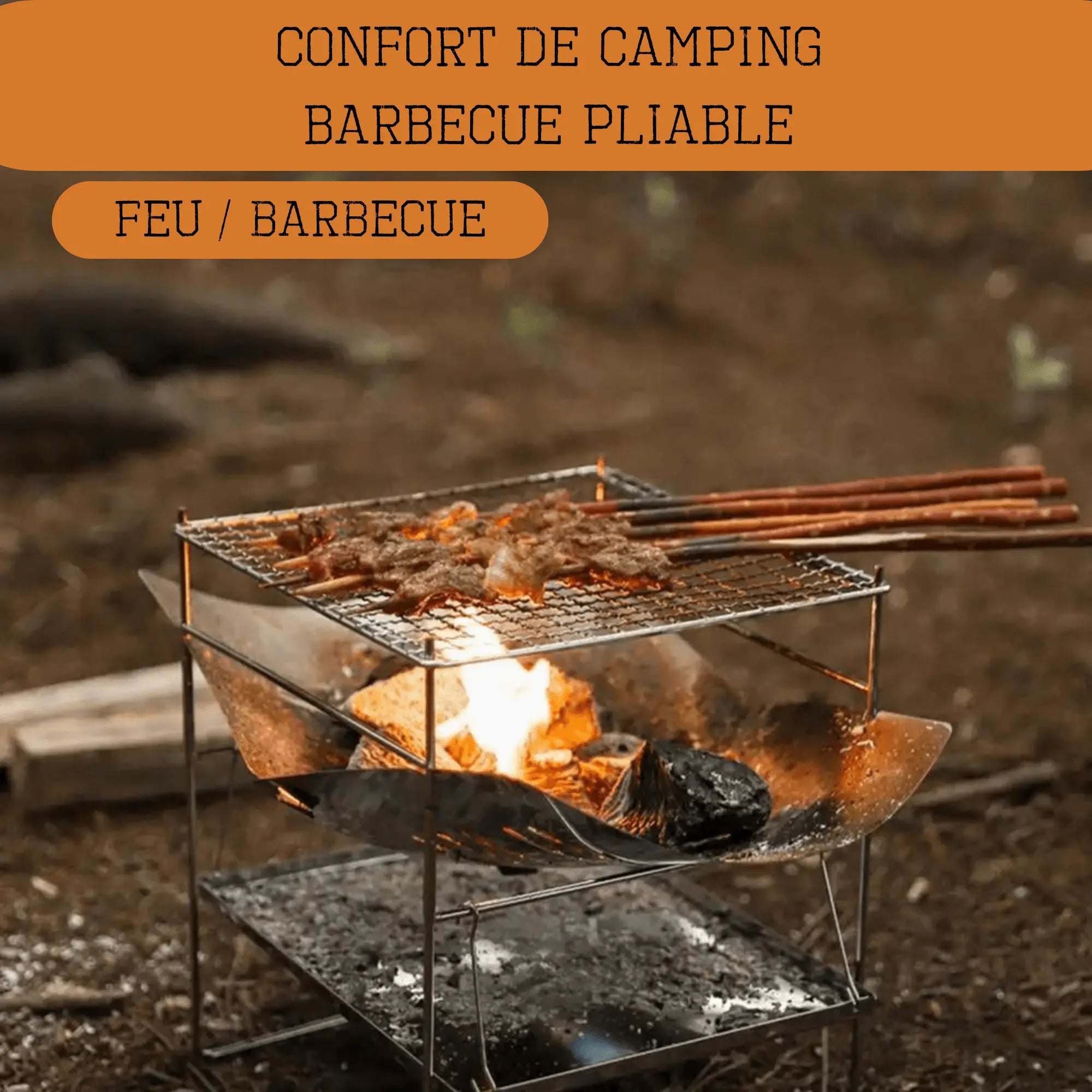 Pliable steel camping grill over campfire cooking meat in a forest setting.