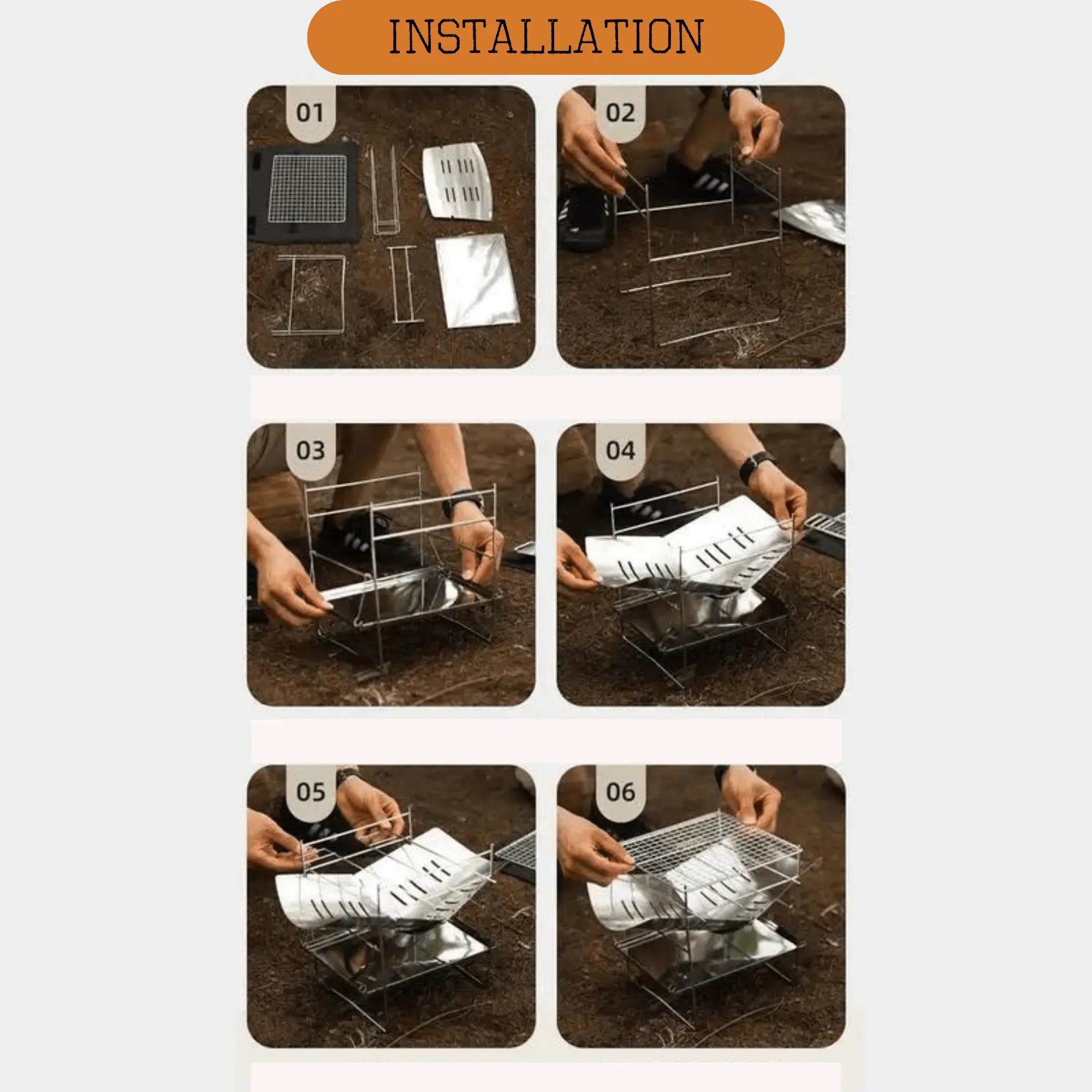 Step-by-step guide showing how to assemble a folding stainless steel camping grill.