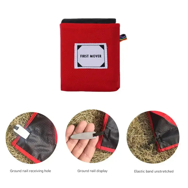 Compact red outdoor camping mat with ground nail receiver, ground nail display, and elastic band details, ideal for picnics and beach days.