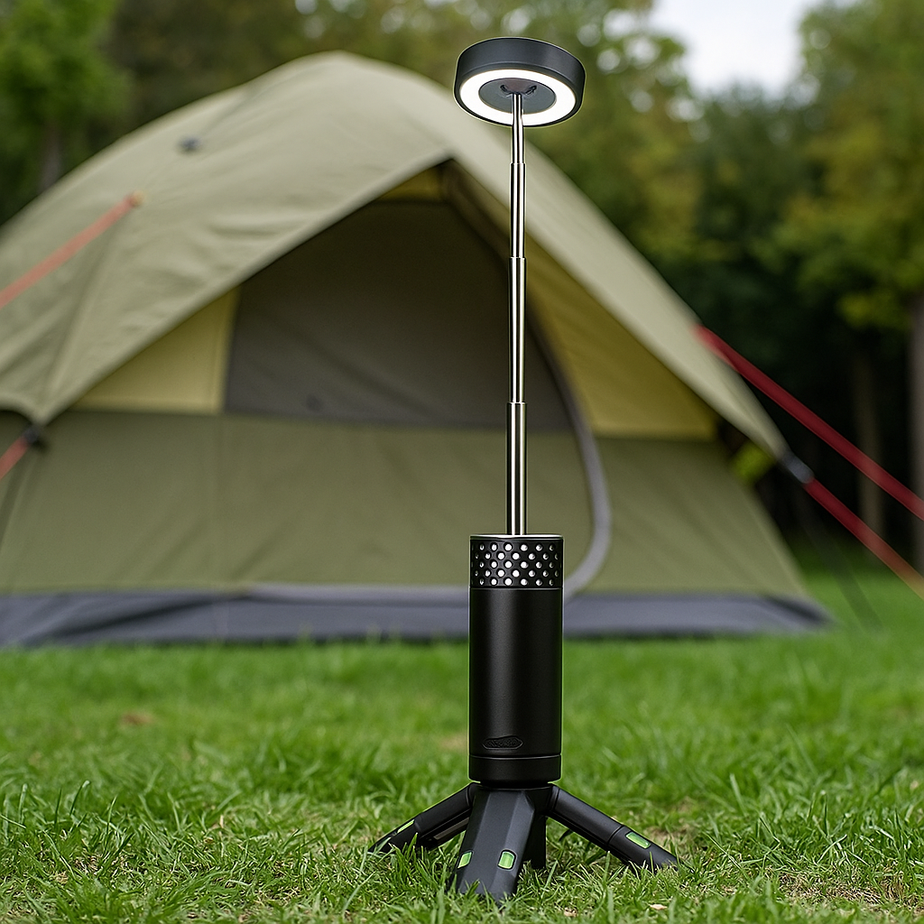Lampe de camping LED télescopique rechargeable et portable, affichant divers modes et conçue de manière compacte, idéale pour les aventures en plein air.
