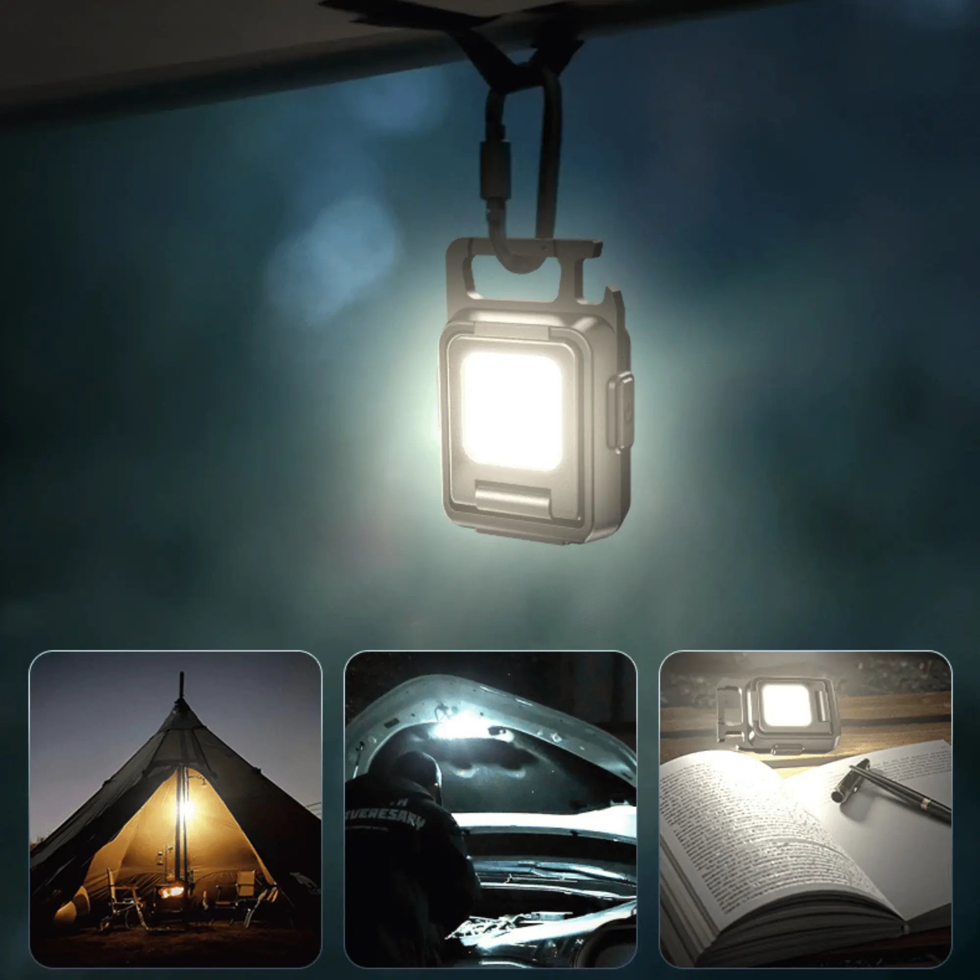 Ultra-bright mini LED flashlight illuminating various scenarios: camping, car repair, reading, versatile portable light.