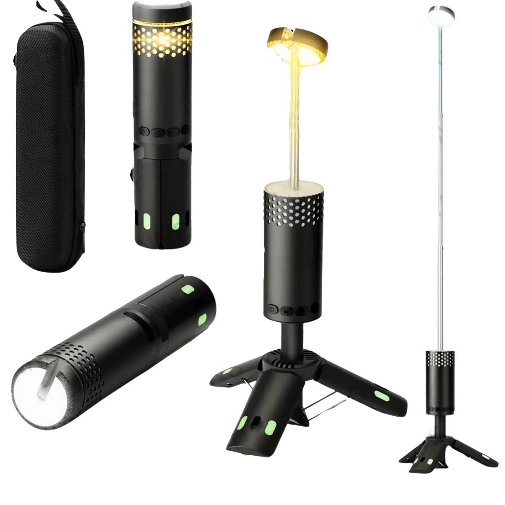 Portable rechargeable LED telescopic camping lamp displaying various modes and compact design, ideal for outdoor adventures.