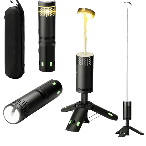 Lampe de camping LED télescopique rechargeable et portable, affichant divers modes et conçue de manière compacte, idéale pour les aventures en plein air.