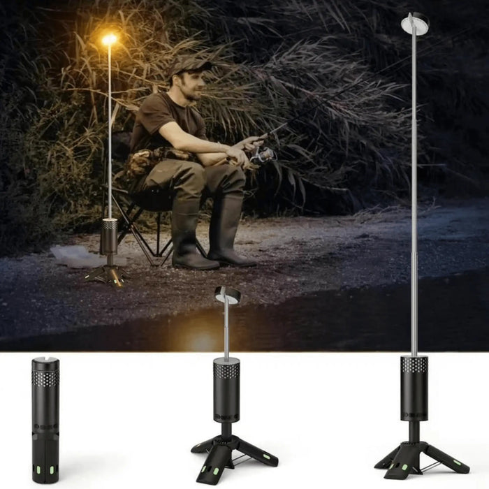 Lampe LED télescopique rechargeable portable pour le camping, utilisée par un pêcheur, solution d'éclairage extérieur polyvalente.