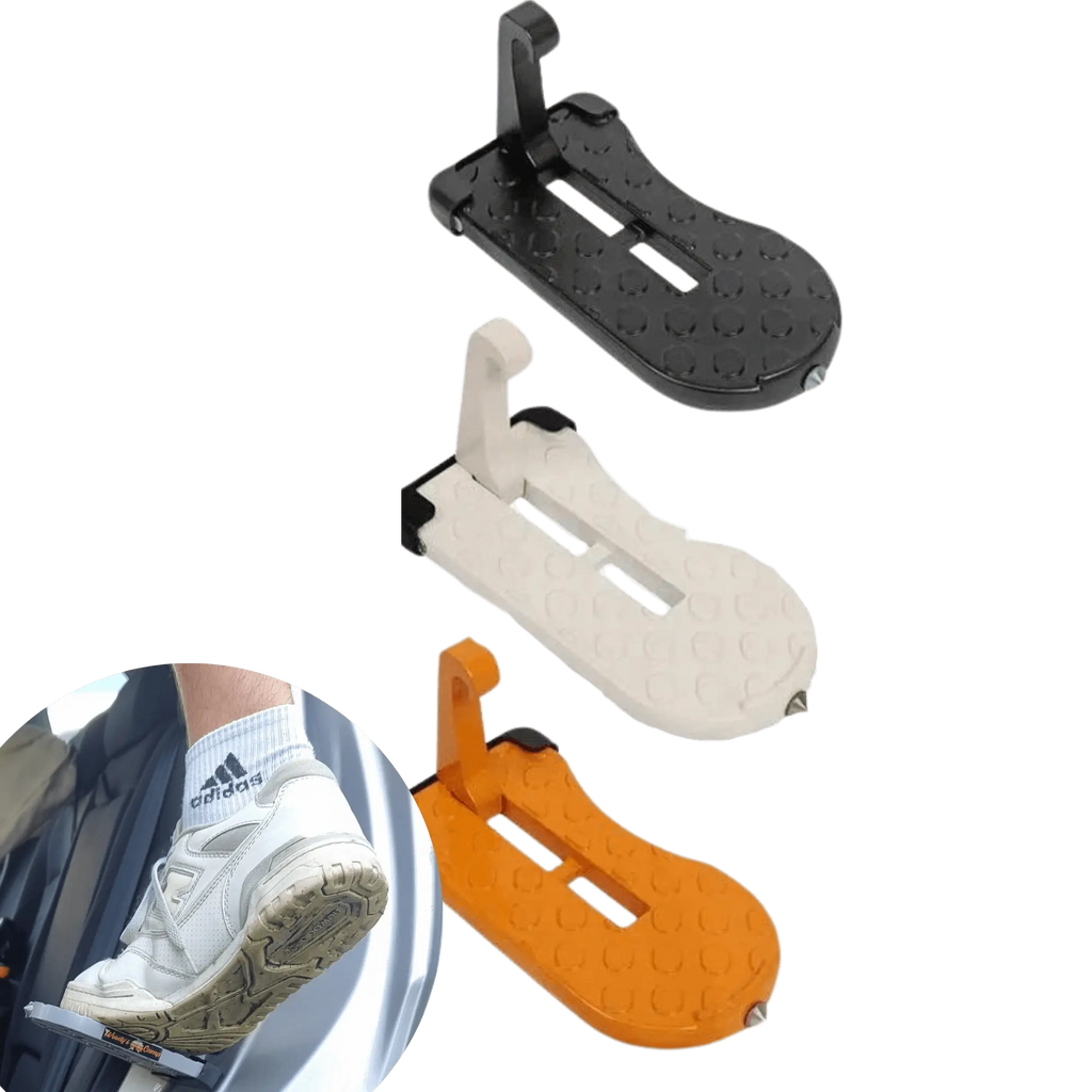 Marchepieds pliables pour tente de toit en noir, blanc, et orange, avec démonstration d'utilisation pour un accès pratique et sécurisé.