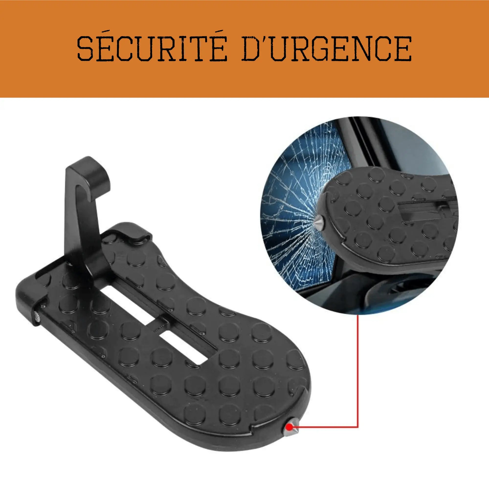 Emergency safety step for car roof access showing damage-resistant footrest in black with close-up of its use.