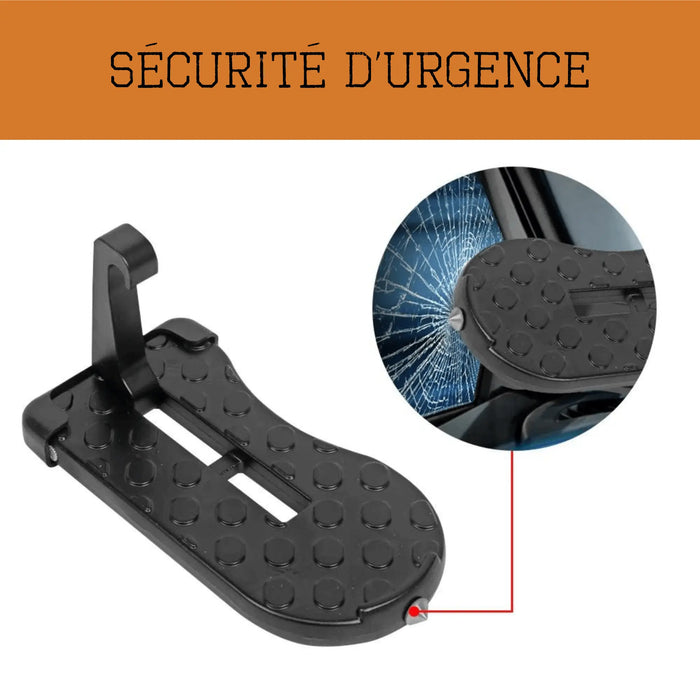 Étape de sécurité d'urgence pour l'accès au toit de la voiture montrant un repose-pied résistant aux dommages en noir avec un gros plan de son utilisation.