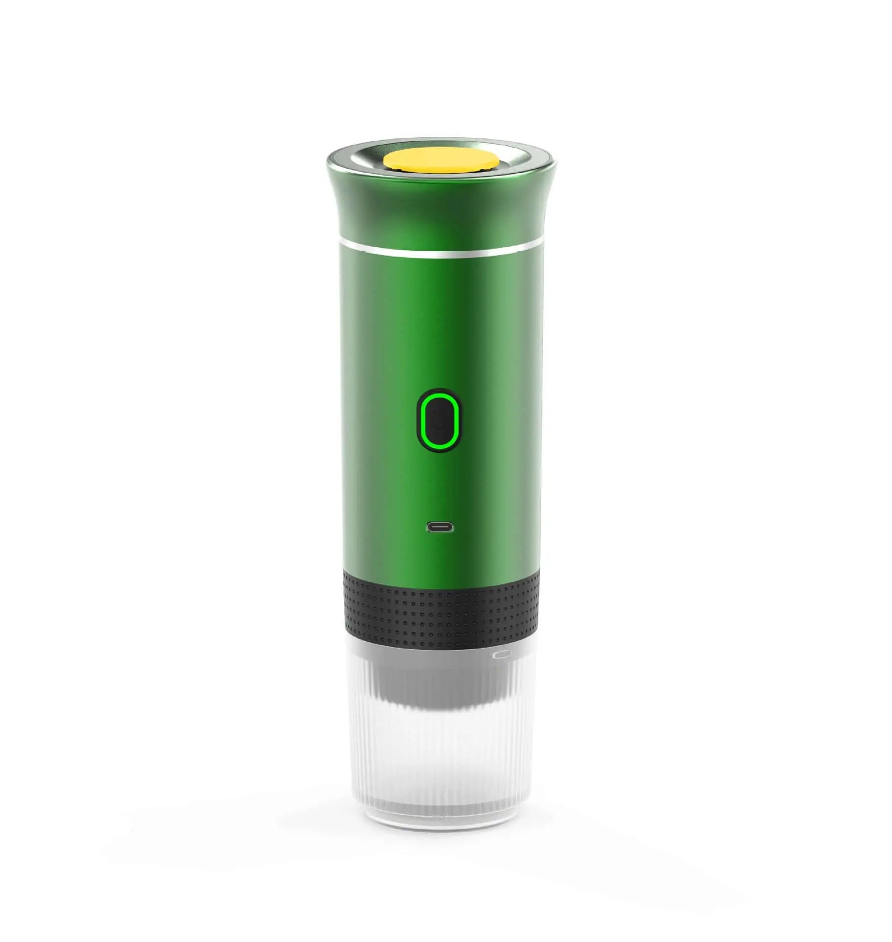 Portable electric coffee machine for espresso, green color, ideal for camping and travel.