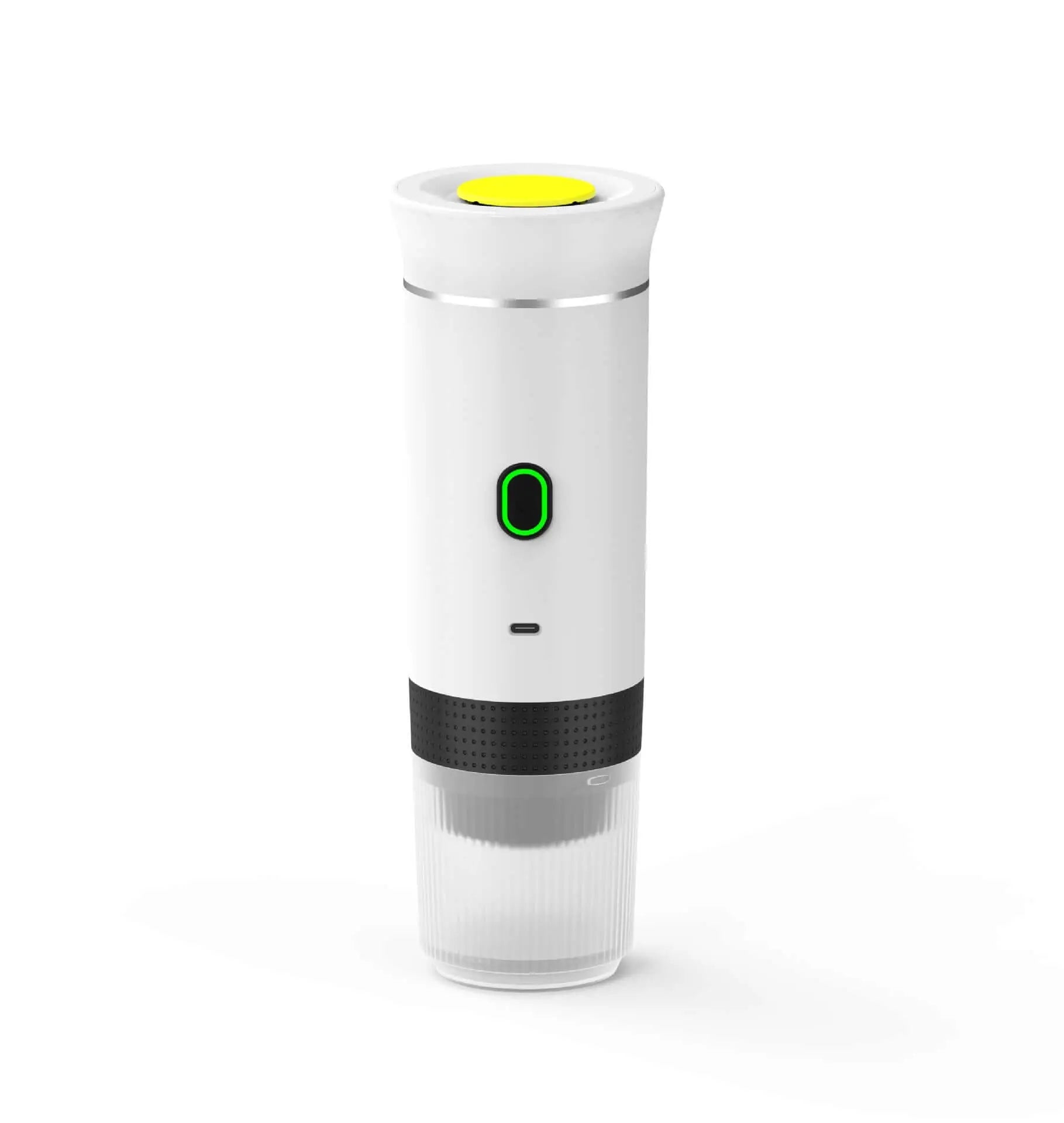 Portable electric espresso maker for travel and camping, compact design for perfect coffee anywhere.
