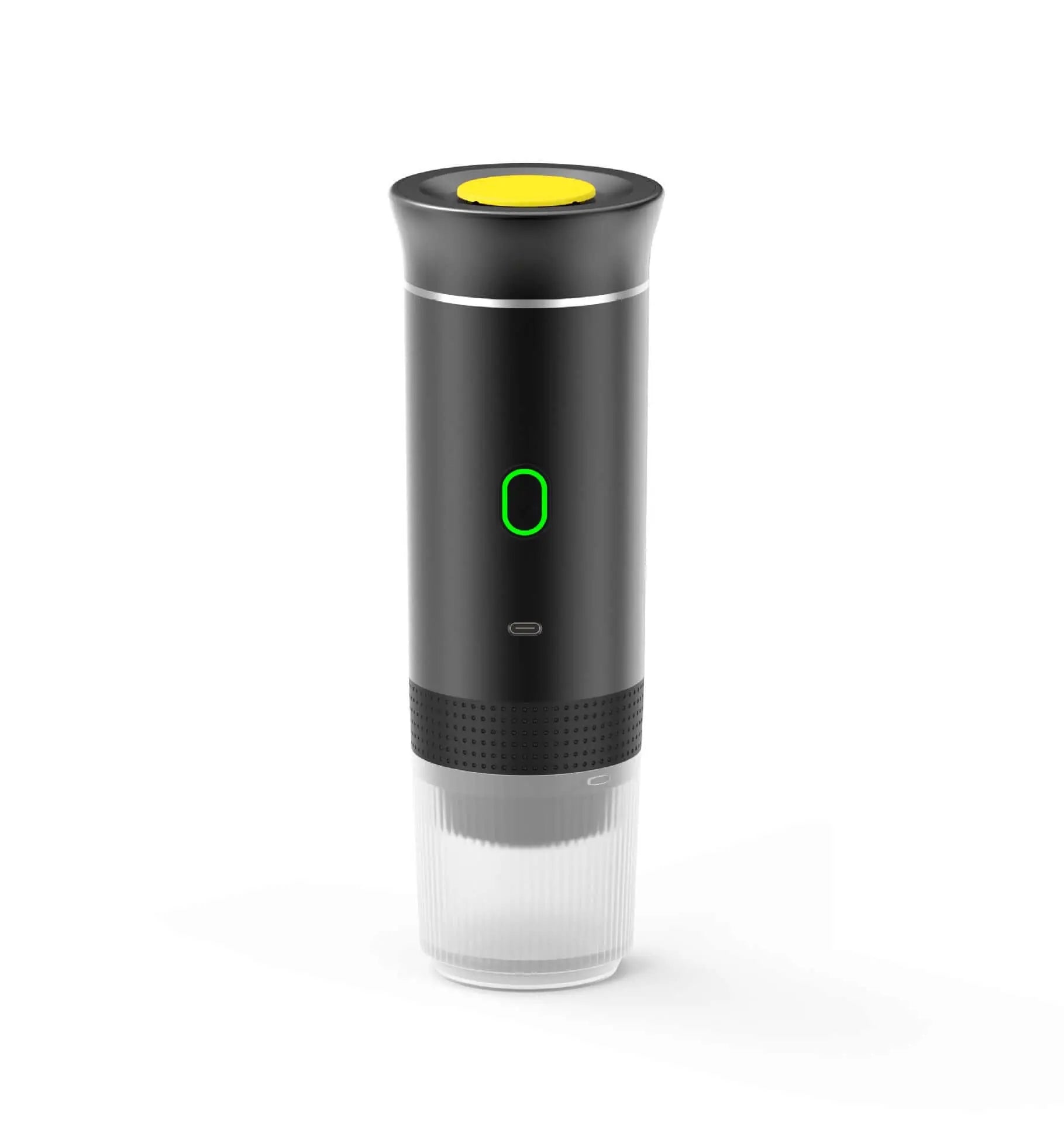 Portable electric coffee machine for perfect espresso, ideal for camping or office use.