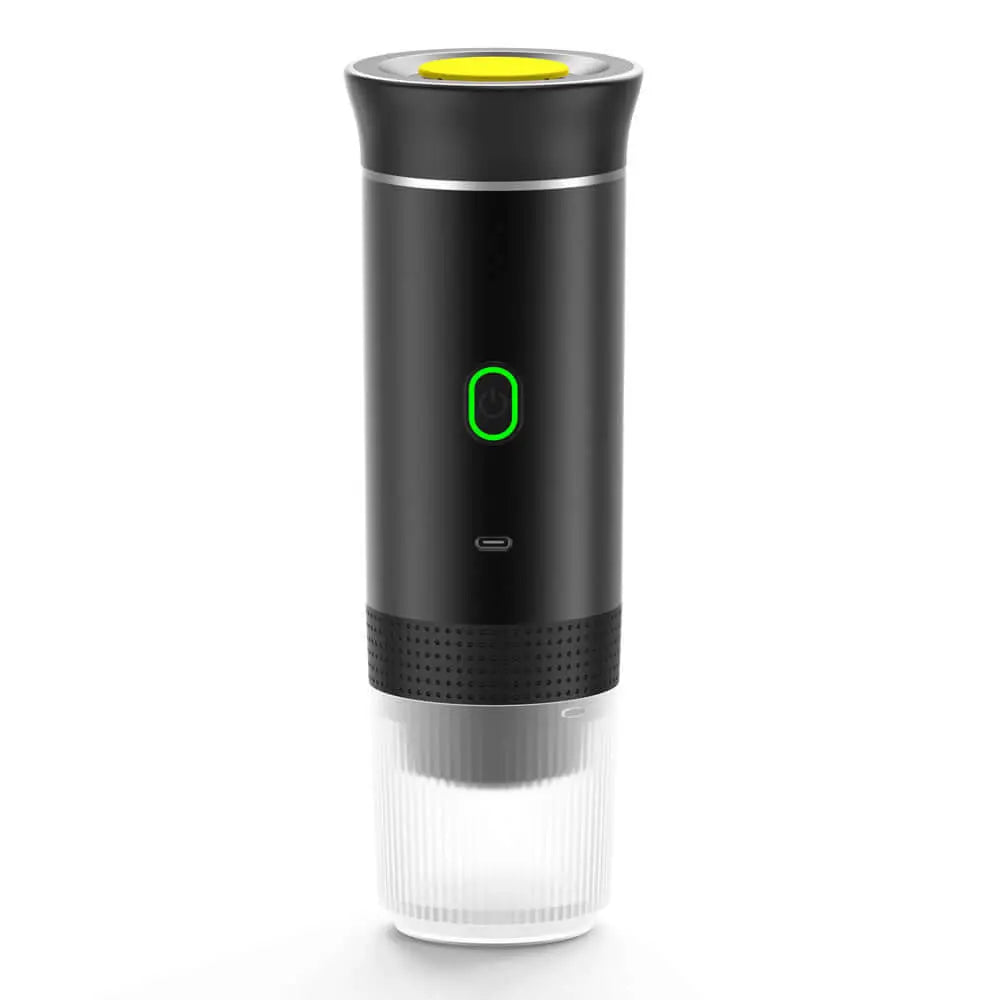 Portable electric coffee machine for perfect espresso, ideal for camping, road trips, and office use.