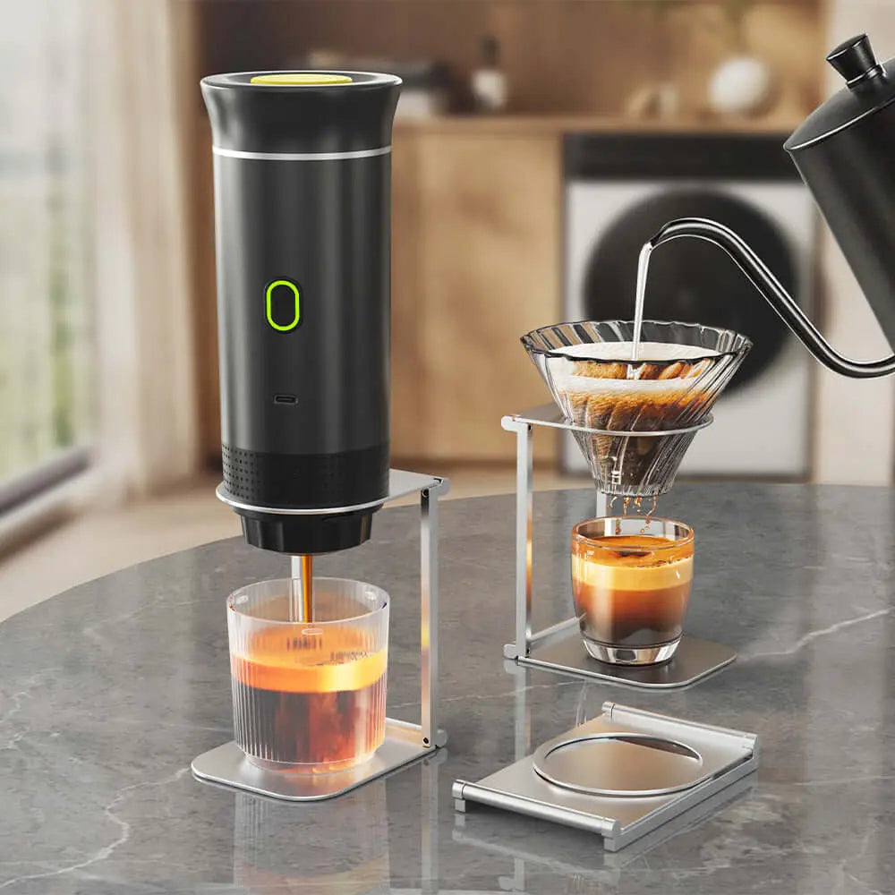 Portable electric coffee machine making espresso at home, demonstrating versatility for camping or office use.