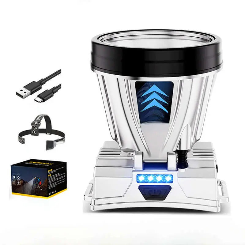 High-power LED headlamp for camping and outdoor adventures, includes USB charger, head strap, and packaging.