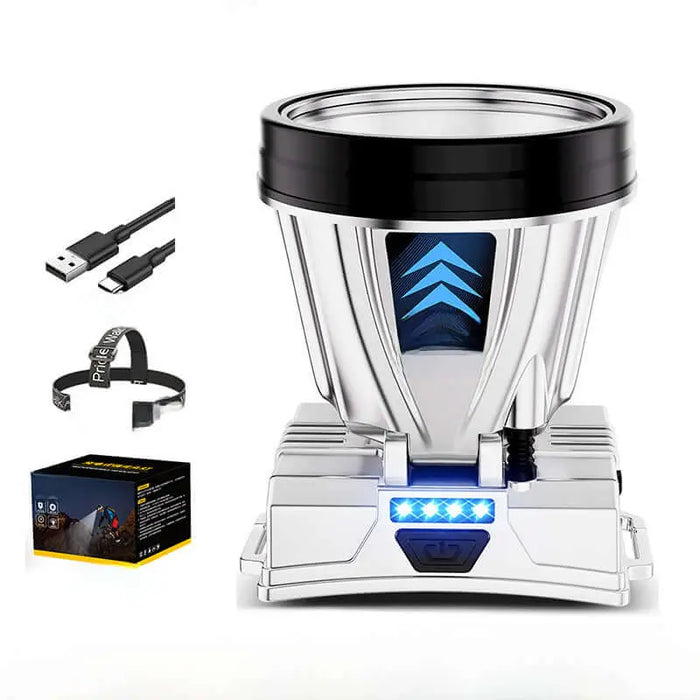 Lampe frontale LED haute puissance pour le camping et les aventures en plein air, comprend un chargeur USB, une sangle de tête et un emballage.