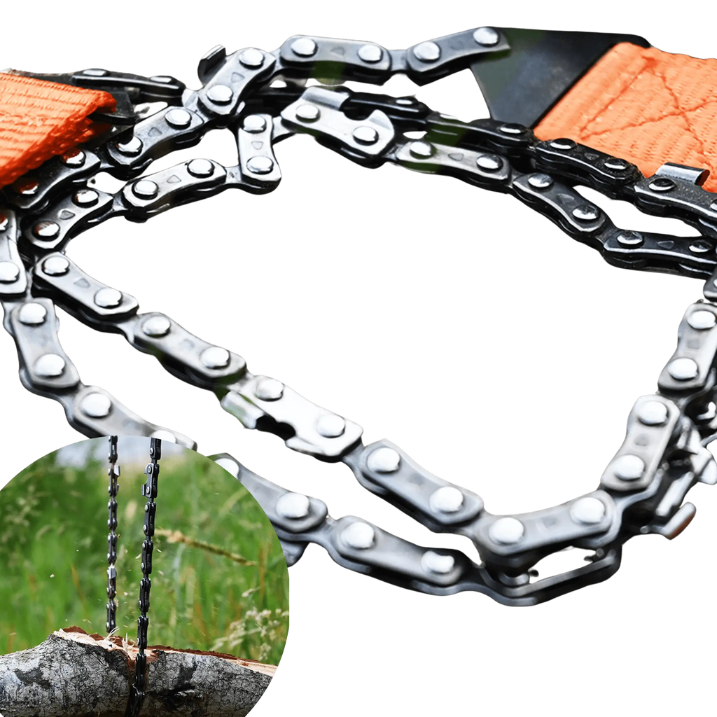 Portable camping saw with soft nylon handles and orange color, designed for efficient wood cutting without hand fatigue.
