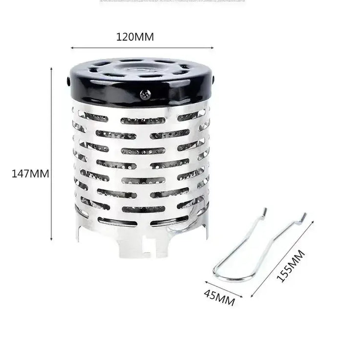 Mini chauffage réchaud à gaz portable en acier inoxydable avec dimensions illustrées, idéal pour le camping et les aventures en plein air.