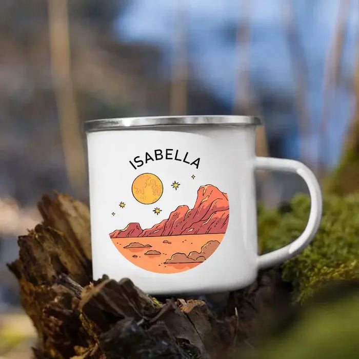 Tasses de camping en émail personnalisées avec nom personnalisé, tasses de camping, aventure, fête au feu de camp, bière, tasse à café, poignée, cadeaux normalisés pour camping-car woodyscamp