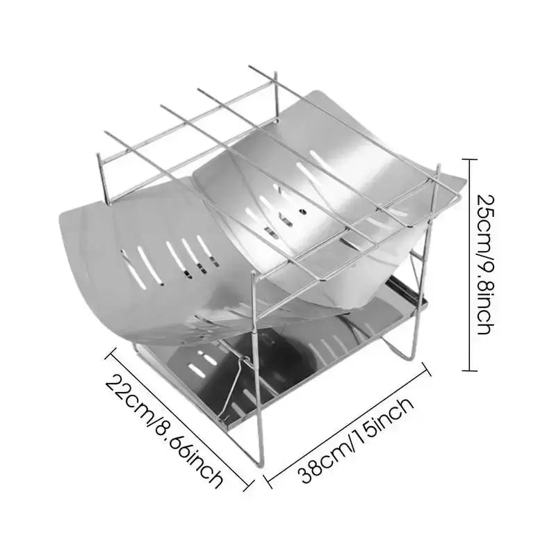 Foldable stainless steel camping grill with dimensions 38cm x 22cm x 25cm, ideal for portable outdoor cooking.