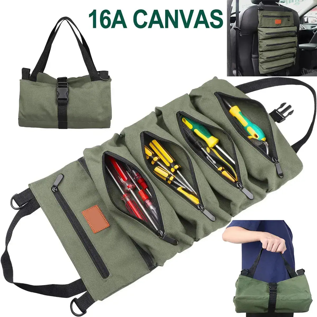 Sac de rangement pliable vert avec compartiments pour organisation simple, parfait pour outils et accessoires de voyage.