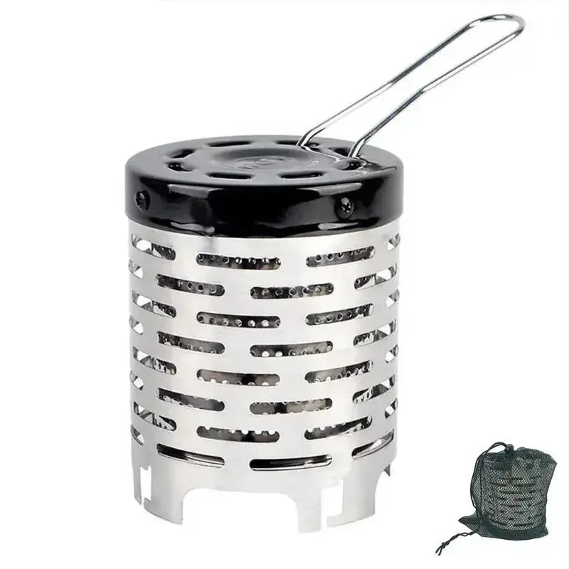 Mini chauffage réchaud à gaz en acier inoxydable portable avec sac de transport, idéal pour le camping et les activités en extérieur.