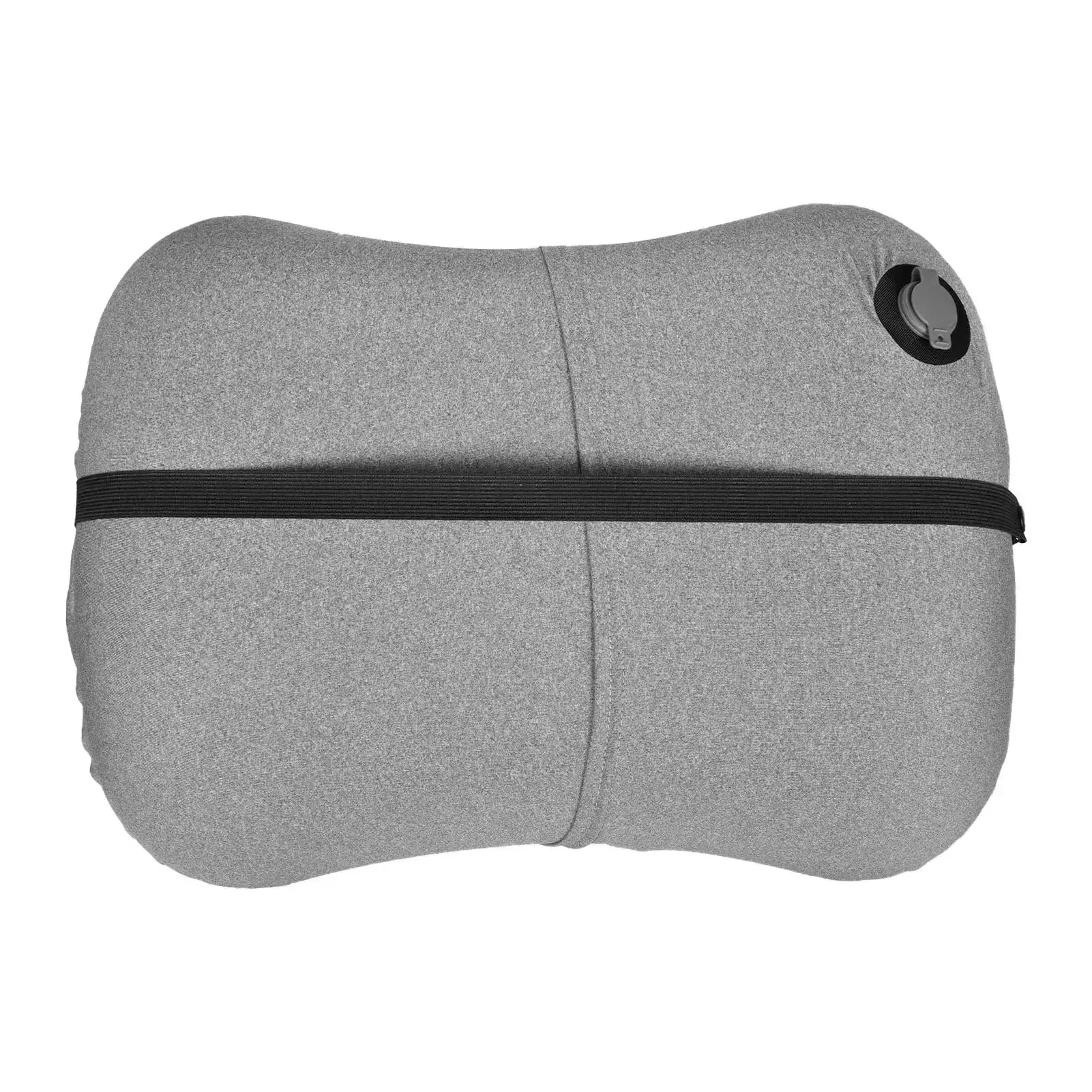 Ultralight inflatable camping pillow, grey and compact, with a black strap and easy-inflate valve, ideal for outdoor adventures.