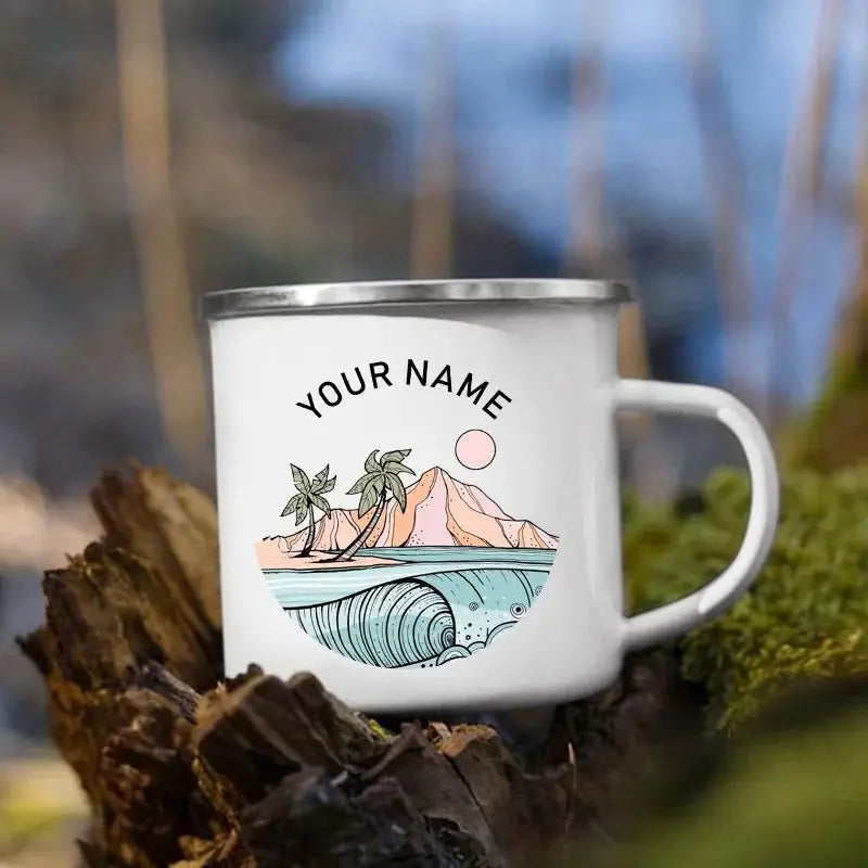 Tasses de camping en émail personnalisées avec nom personnalisé, tasses de camping, aventure, fête au feu de camp, bière, tasse à café, poignée, cadeaux normalisés pour camping-car woodyscamp