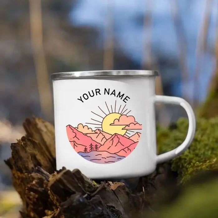 Tasses de camping en émail personnalisées avec nom personnalisé, tasses de camping, aventure, fête au feu de camp, bière, tasse à café, poignée, cadeaux normalisés pour camping-car woodyscamp