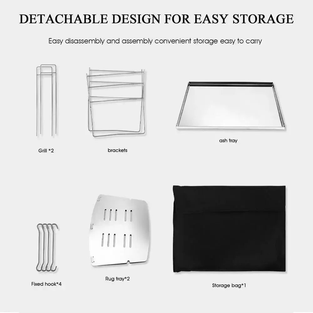 Components of the folding stainless steel camping grill, including grill racks, brackets, ash tray, rug trays, fixed hooks, and storage bag.