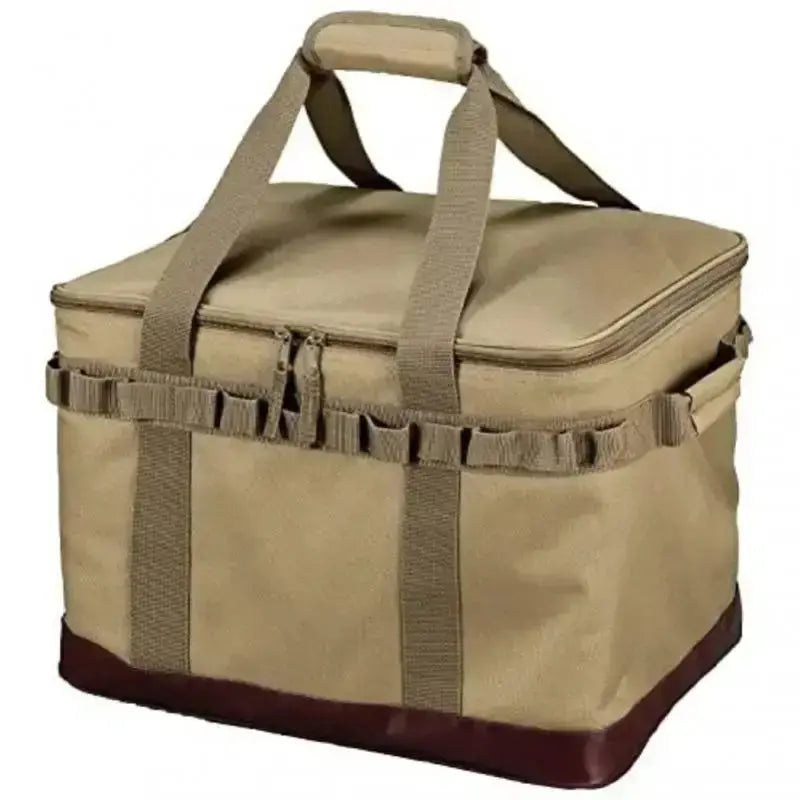 Boite de transport pliable avec armature métallique pour camping, couleur beige, solution pratique et durable pour le rangement d'équipement.