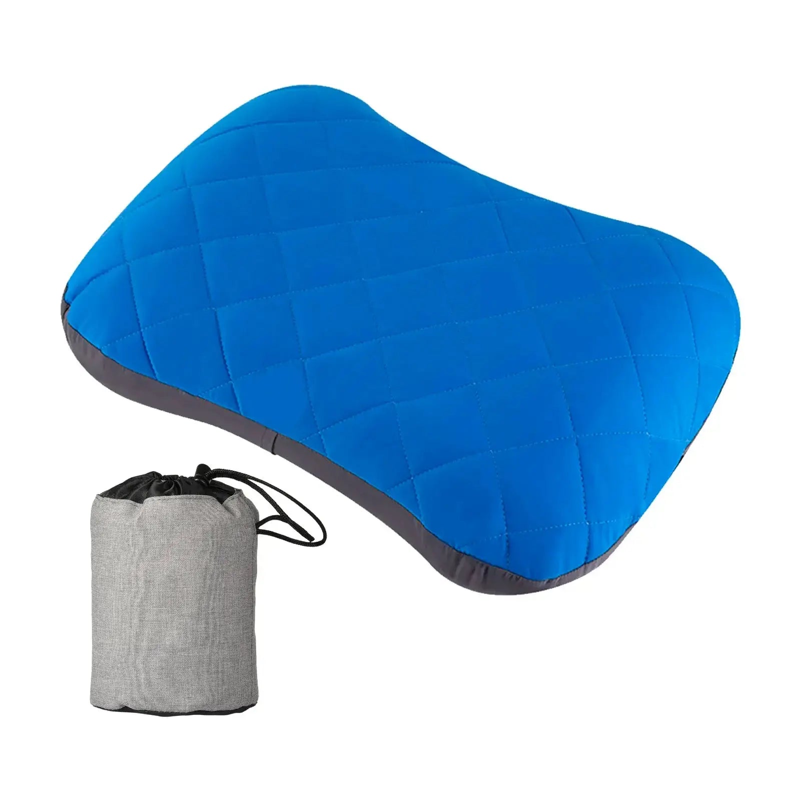 Blue ultralight inflatable camping pillow with gray storage bag for outdoor adventures and restful sleep under the stars.