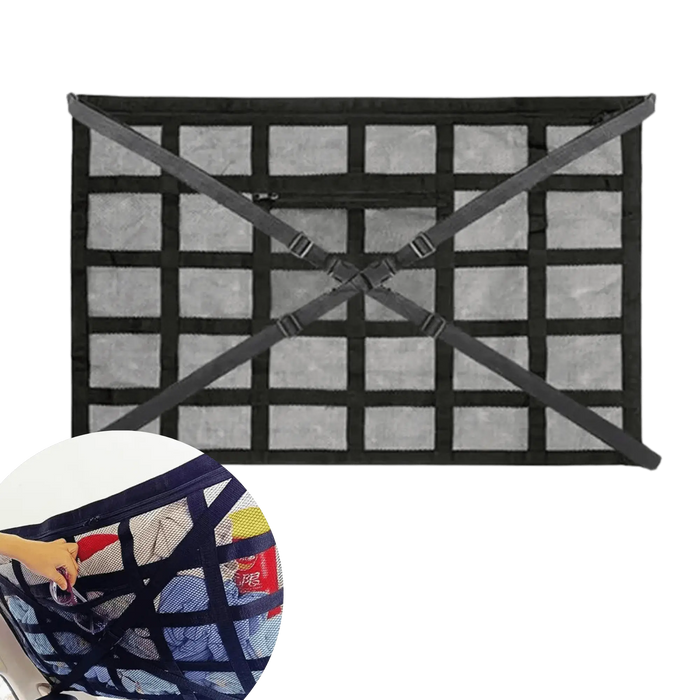 Sac de rangement pour toit de voiture avec design en mesh pour optimiser l'espace du véhicule, idéal pour les longs trajets et l'organisation quotidienne.