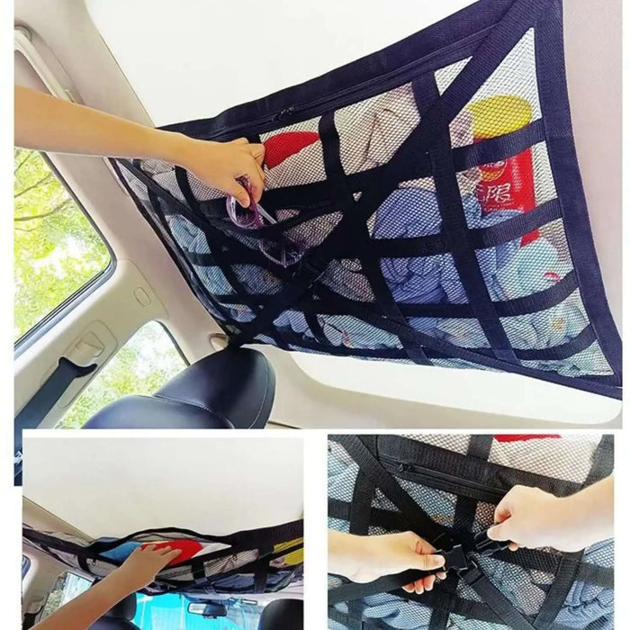 Sac de rangement de toit de voiture avec design en maille, montrant des mains accédant aux objets ; idéal pour optimiser l'espace du véhicule et organiser les voyages.