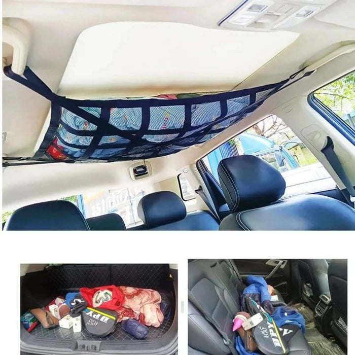 Sac de rangement pour toit de voiture avec design en mesh fixé au plafond, optimisant l'espace du véhicule pour un rangement sécurisé des objets pendant le voyage.