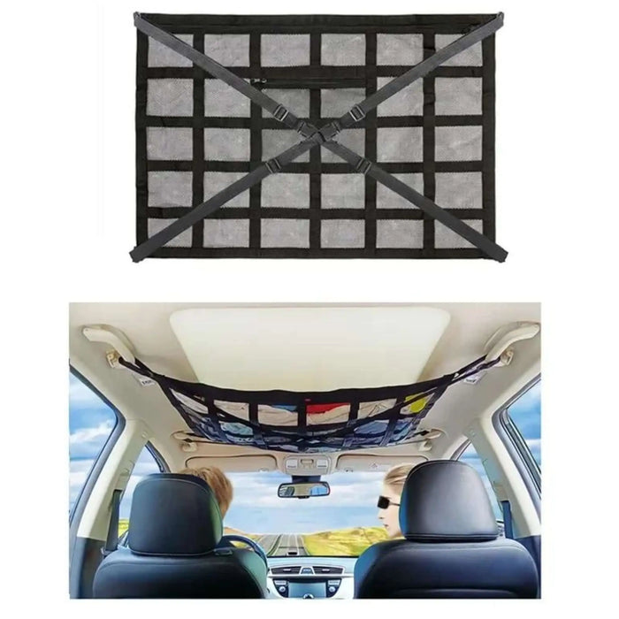 Sac de rangement pour toit de voiture fixé au plafond, idéal pour optimiser l'espace intérieur et organiser vos objets durant les voyages.