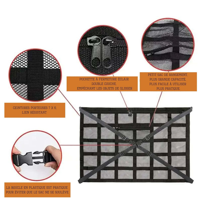 Sac de rangement de toit de voiture avec design en mesh, zips sécurisés, sangles durables et boucle en plastique pour une organisation efficace du plafond.