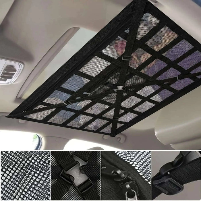Sac de rangement de toit de voiture utilisé, solidement attaché au plafond du véhicule avec un filet en mesh durable et des boucles robustes.