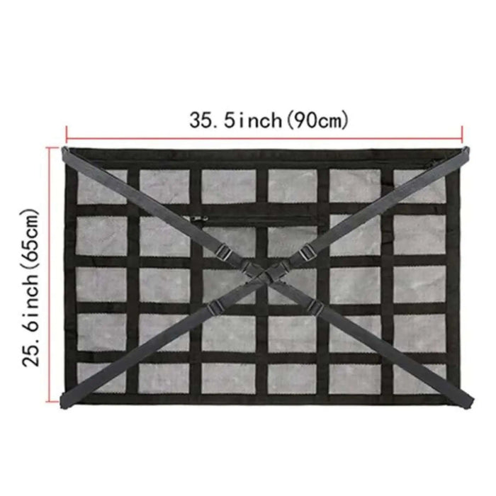 Dimensions du sac de rangement de toit de voiture en matériau en maille avec sangles, mesurant 90 cm par 65 cm (35,5 pouces par 25,6 pouces).