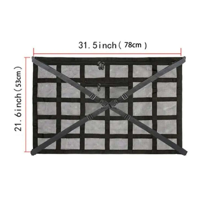 Sac de rangement de toit de véhicule avec design en maille, dimensions 31,5 x 21,6 pouces. Idéal pour maximiser l'espace de la voiture et pour un rangement sécurisé.