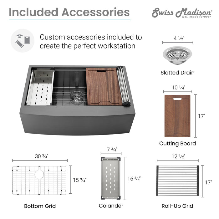 Swiss Madison Tourner 33" x 22" Stainless Steel, Single Basin, Farmhouse Sink Kitchen Workstation with Apron in Rose Gold - SM-KS28RG