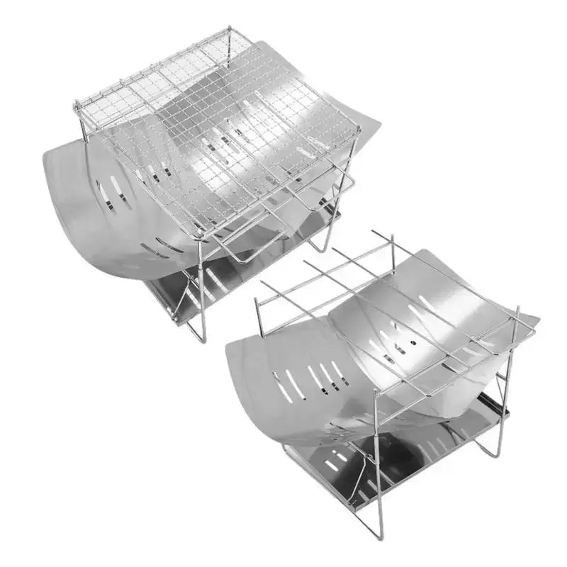 Compact foldable stainless steel camping grill for easy transport and storage. Durable, corrosion-resistant design for outdoor cooking.