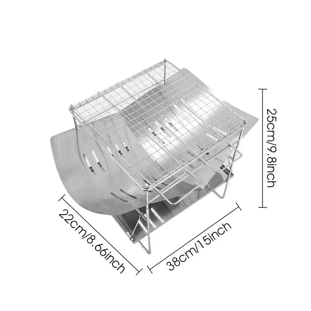 Folding stainless steel camping grill with measurements 22cm x 38cm x 25cm, showing design and dimensions for easy portability.