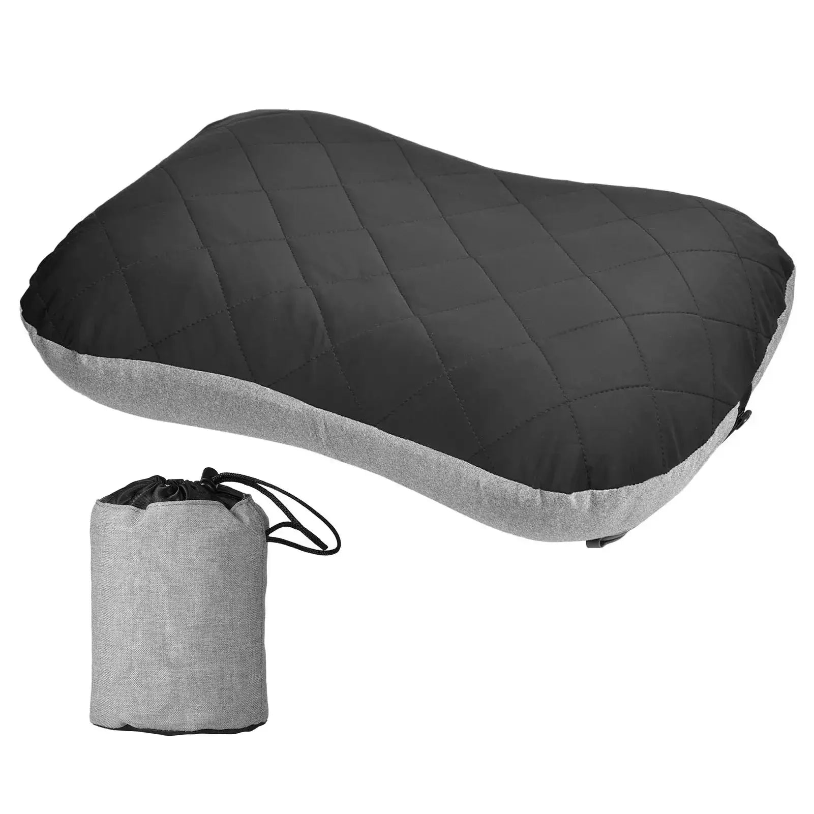 Oreiller de camping gonflable ultraléger noir avec sac de transport compact, idéal pour le confort en plein air.