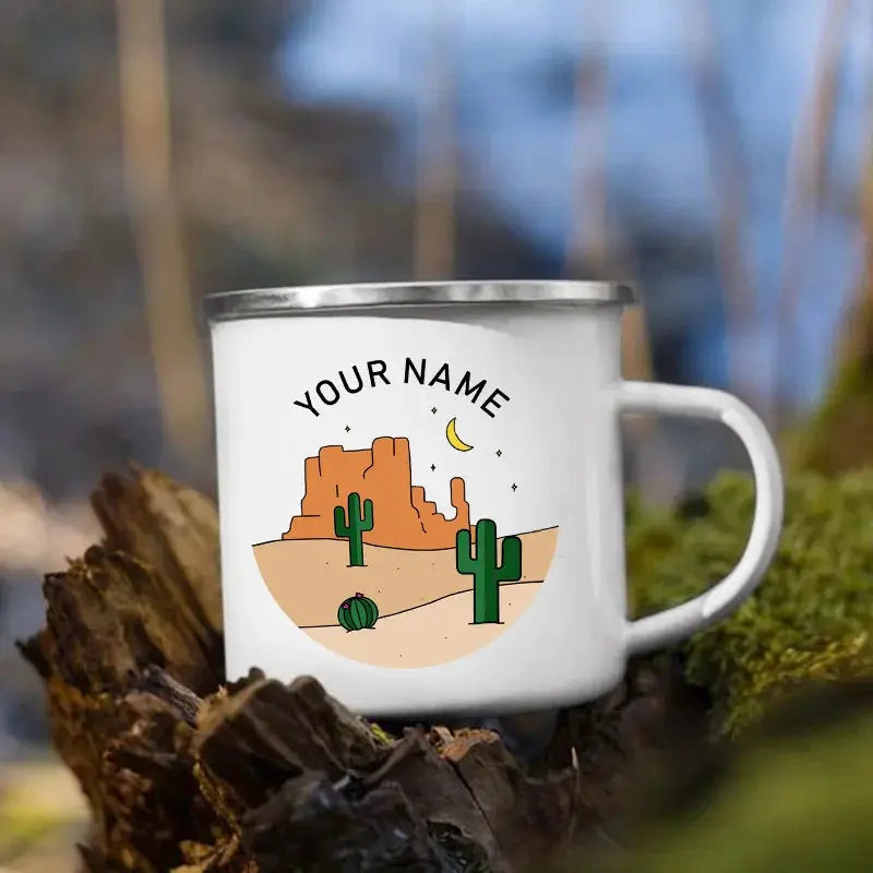 Tasses de camping en émail personnalisées avec nom personnalisé, tasses de camping, aventure, fête au feu de camp, bière, tasse à café, poignée, cadeaux normalisés pour camping-car woodyscamp