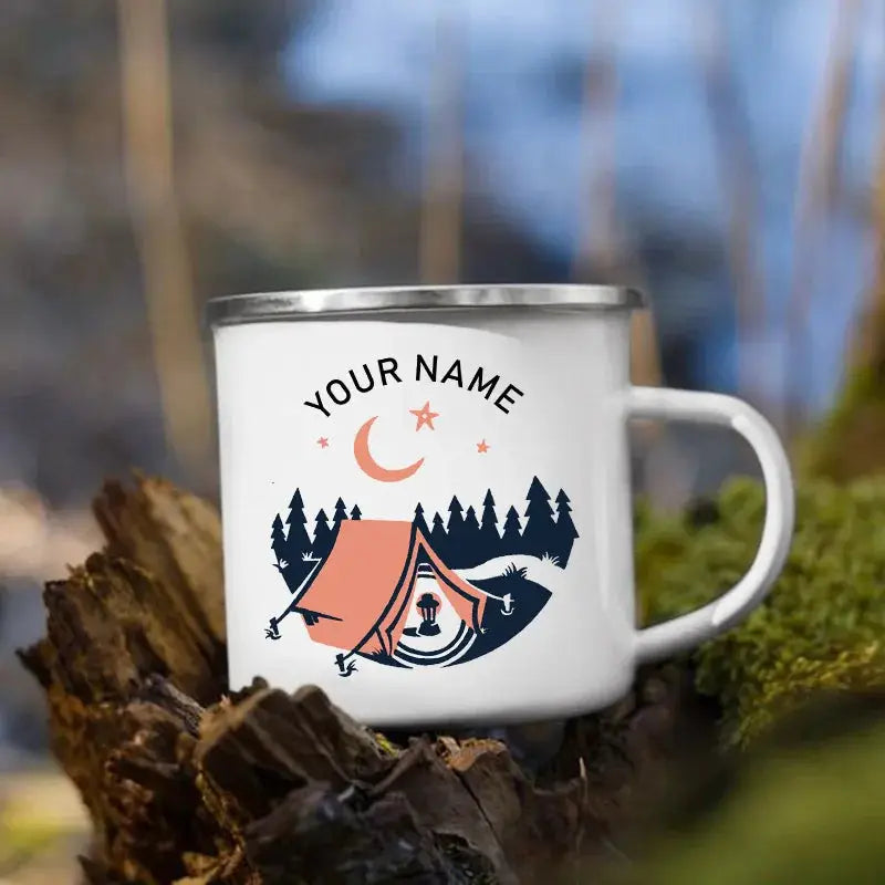 Tasses de camping en émail personnalisées avec nom personnalisé, tasses de camping, aventure, fête au feu de camp, bière, tasse à café, poignée, cadeaux normalisés pour camping-car woodyscamp