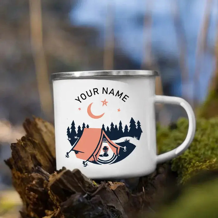 Tasses de camping en émail personnalisées avec nom personnalisé, tasses de camping, aventure, fête au feu de camp, bière, tasse à café, poignée, cadeaux normalisés pour camping-car woodyscamp