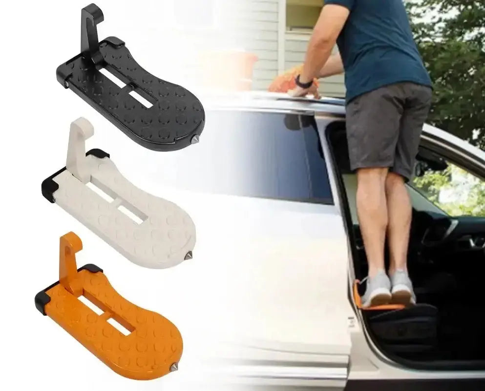 Man using a portable roof tent step on a car door; three color options shown: black, white, orange. Ideal for safe and easy tent access.
